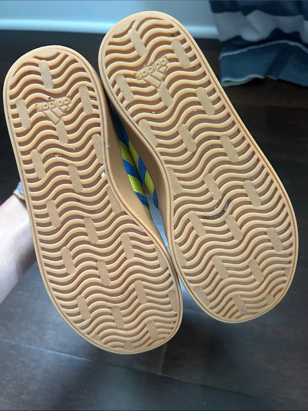 Kids adidas Blue Suede Sneakers with Yellow Stripes